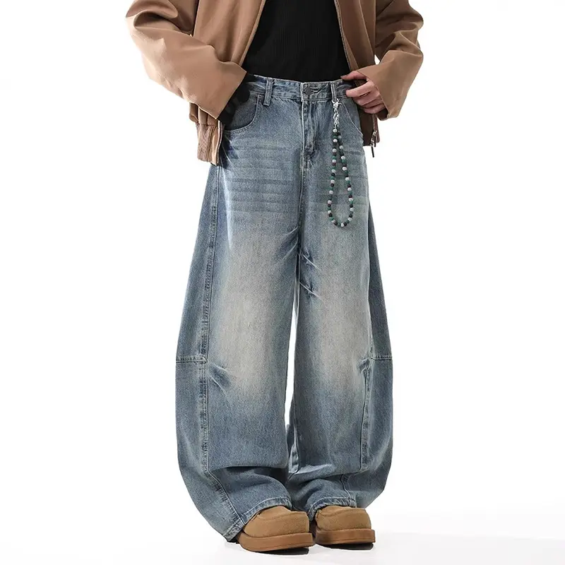 IEFB American Style Men's Jeans Washing Patchwork Deconstruction Solid Color Bottom Wide Leg Straight Male Denim Pants 9W4321