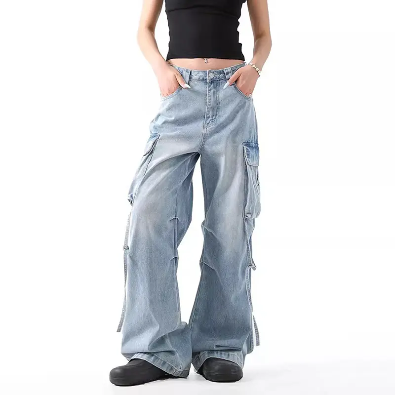 IEFB Niche Design Men's Denim Pants Lace-up Pleated Design Side Large Pockets Straight Leg Loose Male Cargo Jeans Tremdy 9W4314