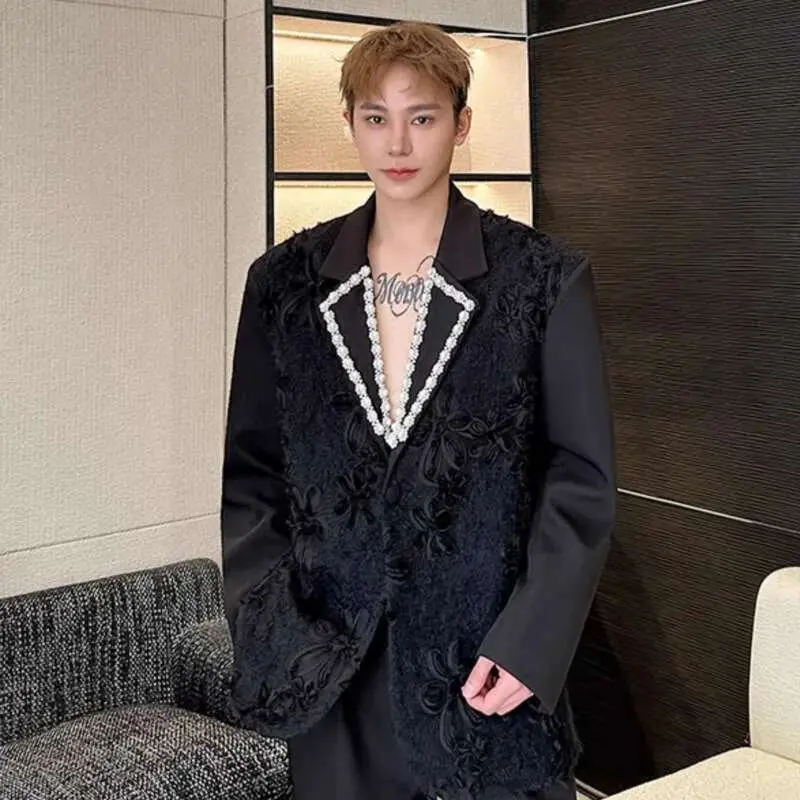 IEFB Three-dimensional Jacquard Men's Blazers Handmade Pearl Collar Single Button Solid Color Casual Male Suit Jackets New 9W754