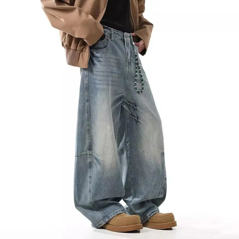 IEFB American Style Men's Jeans Washing Patchwork Deconstruction Solid Color Bottom Wide Leg Straight Male Denim Pants 9W4321