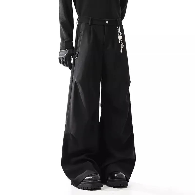 IEFB Dark Style Men's Suit Pants Solid Color Pleated Casual Cleanfit Wide Leg American Drape Straight Male Bottom Autumn 9W4322