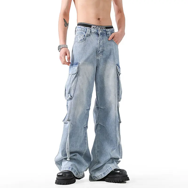 IEFB Niche Design Men's Denim Pants Lace-up Pleated Design Side Large Pockets Straight Leg Loose Male Cargo Jeans Tremdy 9W4314