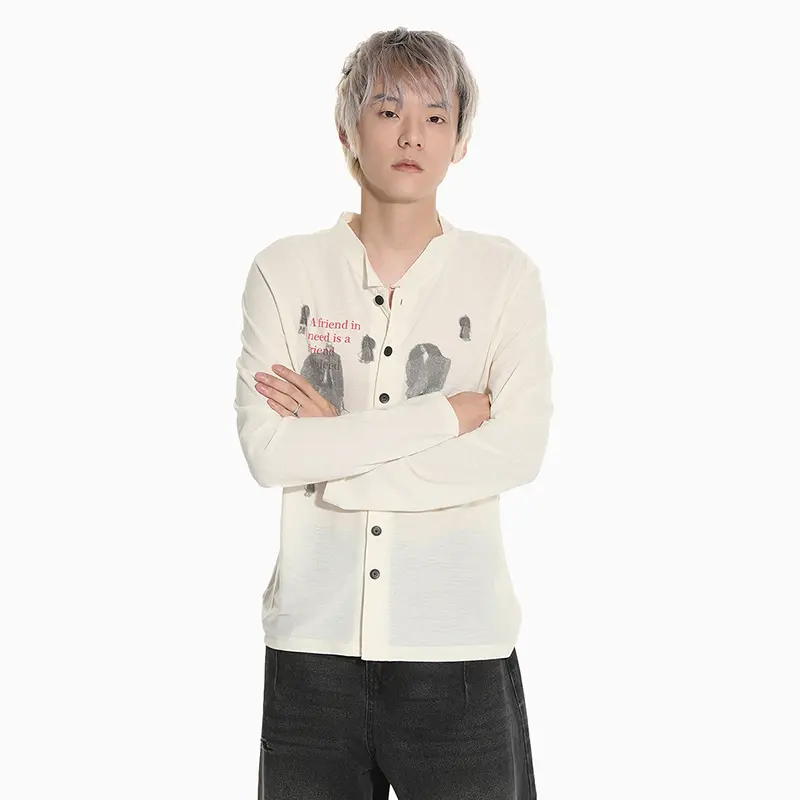 IEFB Niche Design Men's T-shirts Round Collar Letter Printing Contrast Color Single Breasted Casual Long Sleeved Male Tee 9W4288