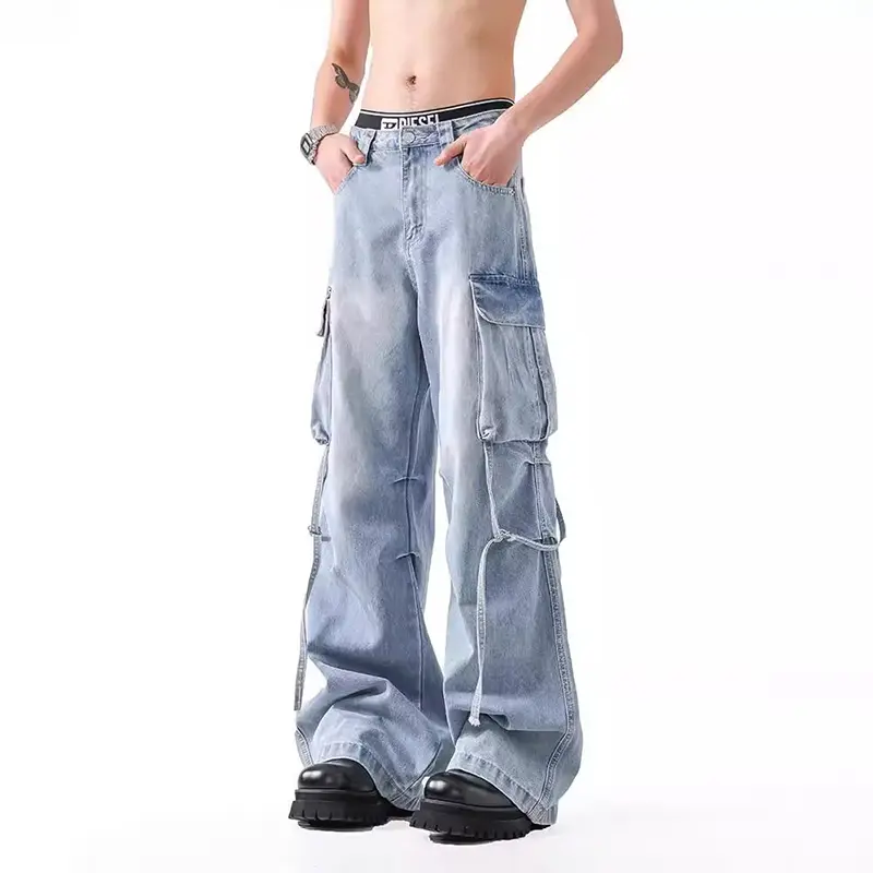 IEFB Niche Design Men's Denim Pants Lace-up Pleated Design Side Large Pockets Straight Leg Loose Male Cargo Jeans Tremdy 9W4314