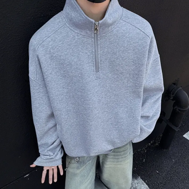 IEFB Korean Style Men's Sweatshirts Solid Color Stand Collar Half Zipper Design Casual Menswear Pullover Loose Male Tops 9W4305