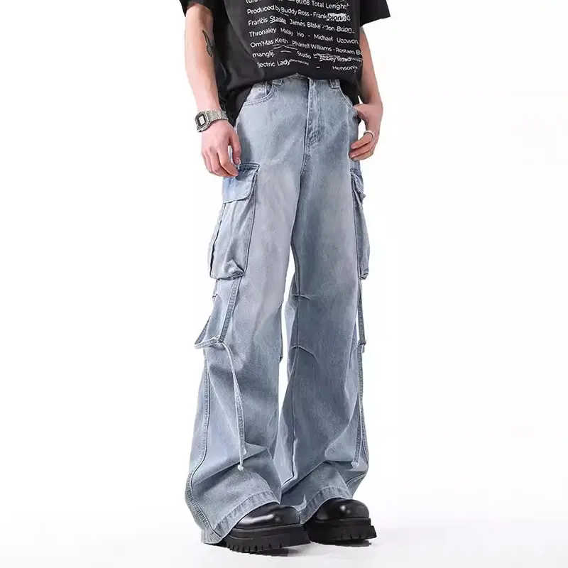 IEFB Niche Design Men's Denim Pants Lace-up Pleated Design Side Large Pockets Straight Leg Loose Male Cargo Jeans Tremdy 9W4314