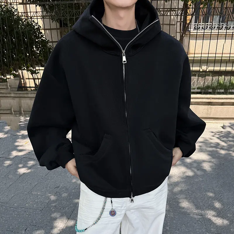 IEFB Autumn Men's Hoodies Solid Color Zipper Pockets All-match Casual Clothing Hooded Sweatshirts Simple Korean Male Coat 9W4307