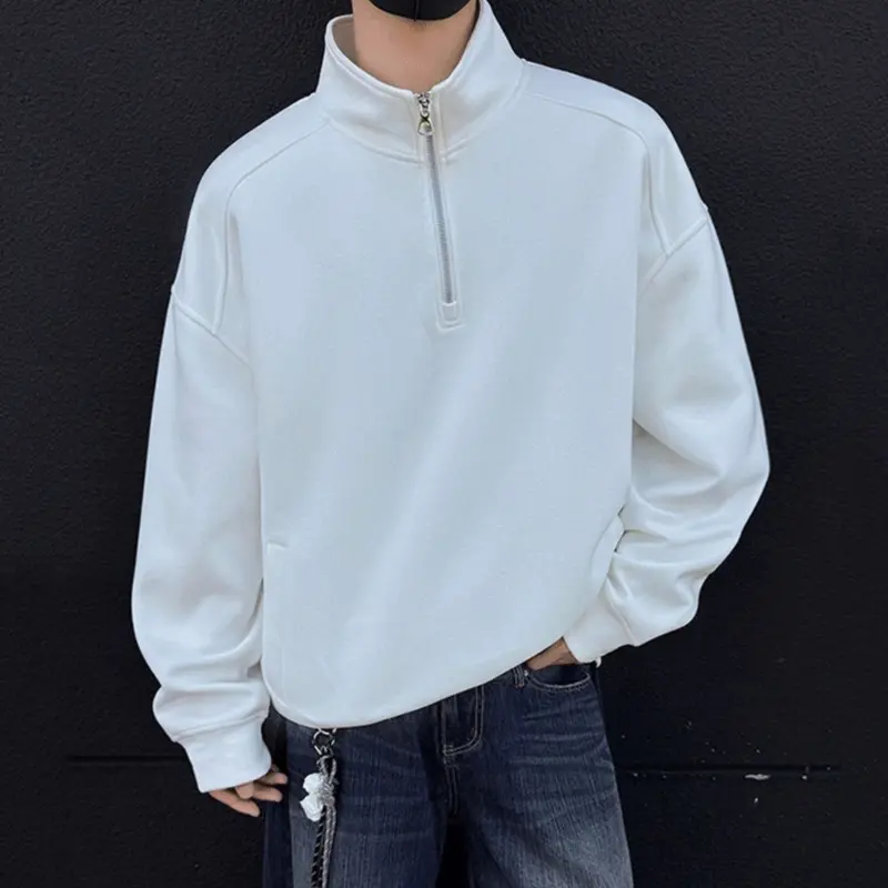 IEFB Korean Style Men's Sweatshirts Solid Color Stand Collar Half Zipper Design Casual Menswear Pullover Loose Male Tops 9W4305