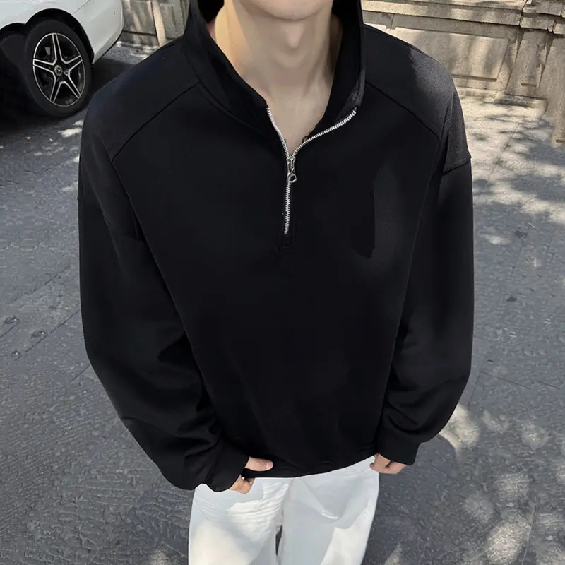 IEFB Korean Style Men's Sweatshirts Solid Color Stand Collar Half Zipper Design Casual Menswear Pullover Loose Male Tops 9W4305