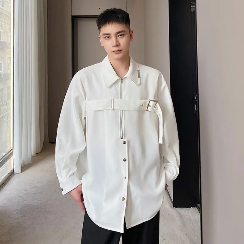 IEFB Niche Design Men's Shirts Turn-down Collar Belt Decoration Half Zipper Long Sleeved Pullover Loose Male Tops Autumn 9W4341