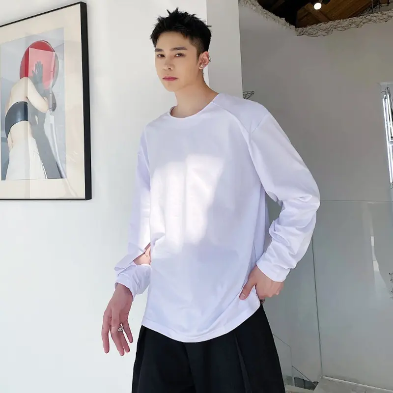 IEFB New Stylish Men's T-shirts Round Collar Long Sleeved Slit Niche Design Tops Solid Color Loose Male Pullover Tees 9W4335