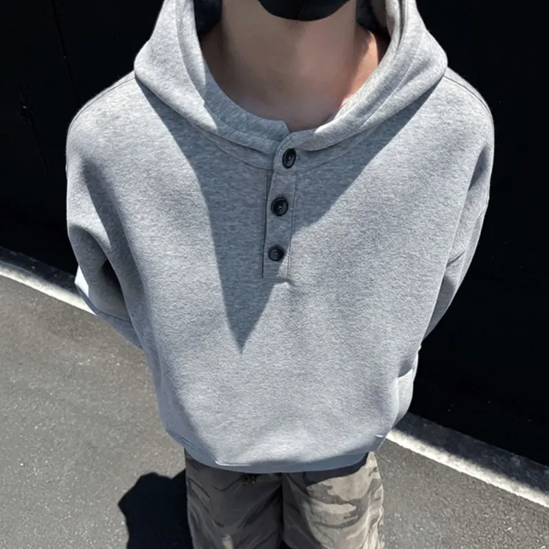 IEFB New Simple Men's Hooded Sweatshirt Solid Color Button Design Korean Style Pocket Autumn Loose Male Hoodies All-match 9W4306