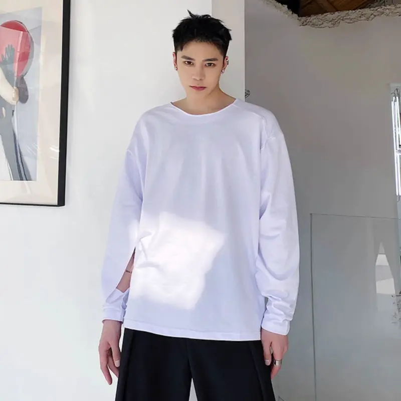 IEFB New Stylish Men's T-shirts Round Collar Long Sleeved Slit Niche Design Tops Solid Color Loose Male Pullover Tees 9W4335