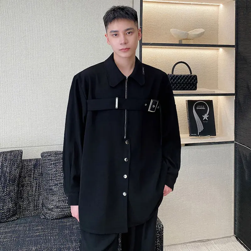 IEFB Niche Design Men's Shirts Turn-down Collar Belt Decoration Half Zipper Long Sleeved Pullover Loose Male Tops Autumn 9W4341