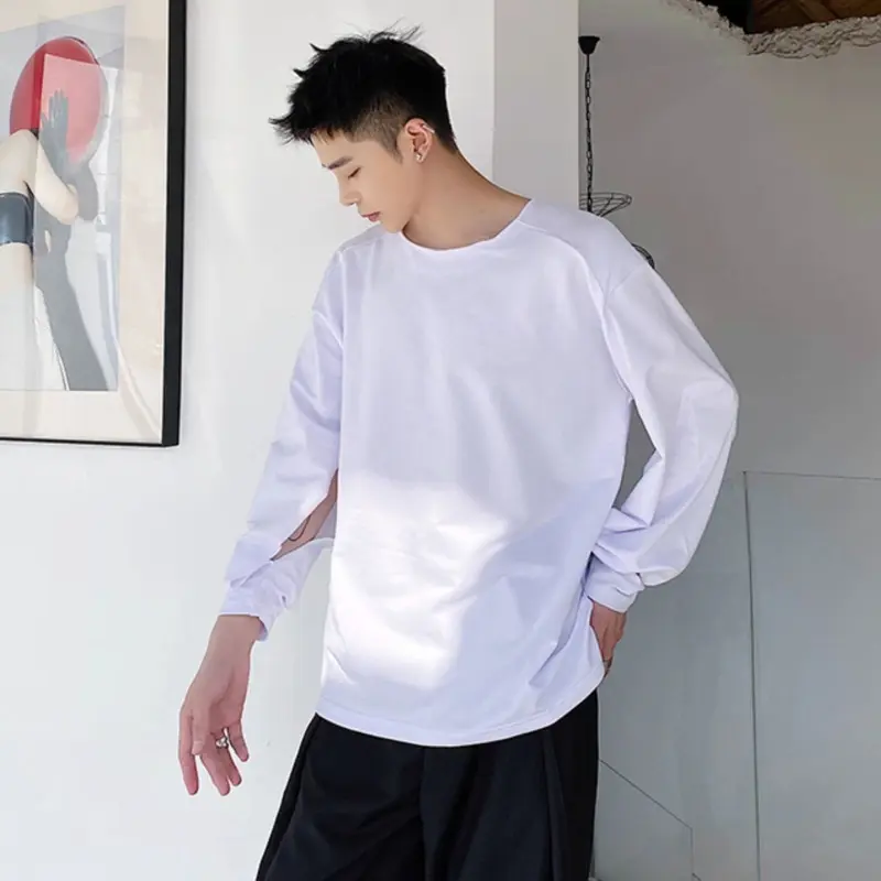 IEFB New Stylish Men's T-shirts Round Collar Long Sleeved Slit Niche Design Tops Solid Color Loose Male Pullover Tees 9W4335