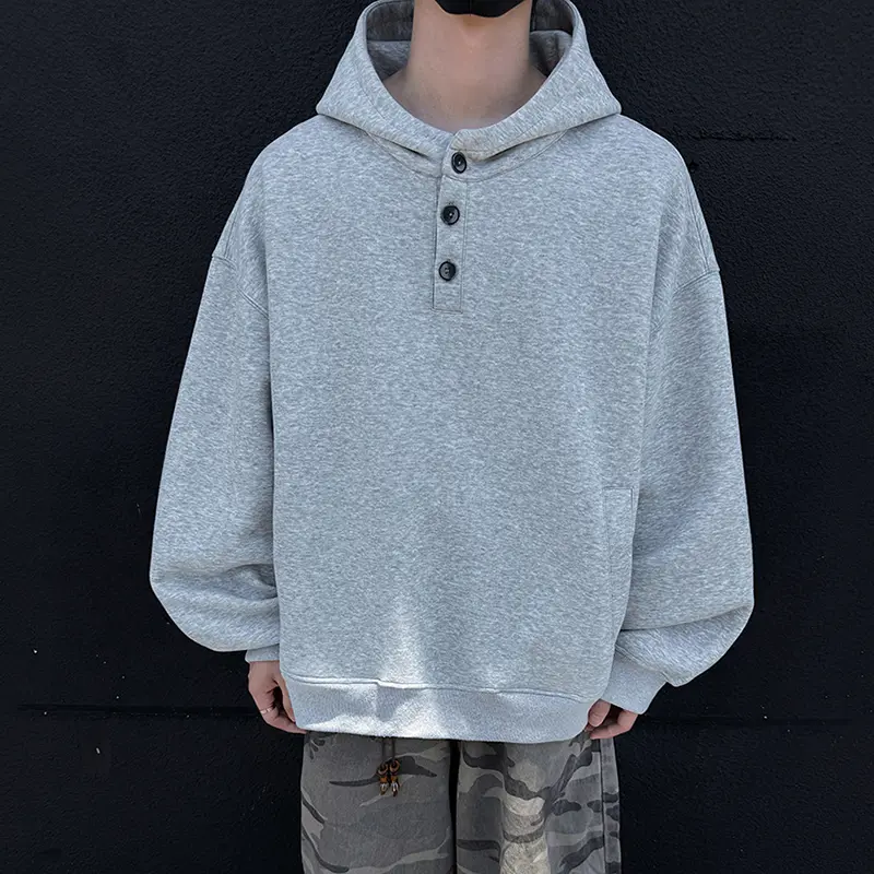 IEFB New Simple Men's Hooded Sweatshirt Solid Color Button Design Korean Style Pocket Autumn Loose Male Hoodies All-match 9W4306