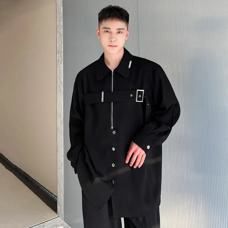 IEFB Niche Design Men's Shirts Turn-down Collar Belt Decoration Half Zipper Long Sleeved Pullover Loose Male Tops Autumn 9W4341