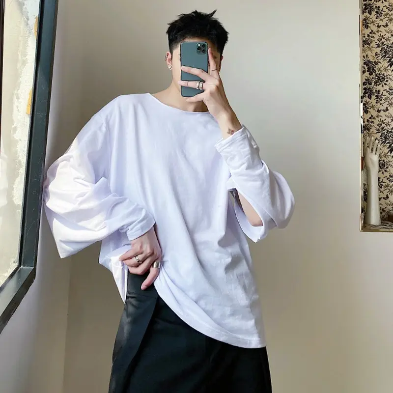 IEFB New Stylish Men's T-shirts Round Collar Long Sleeved Slit Niche Design Tops Solid Color Loose Male Pullover Tees 9W4335