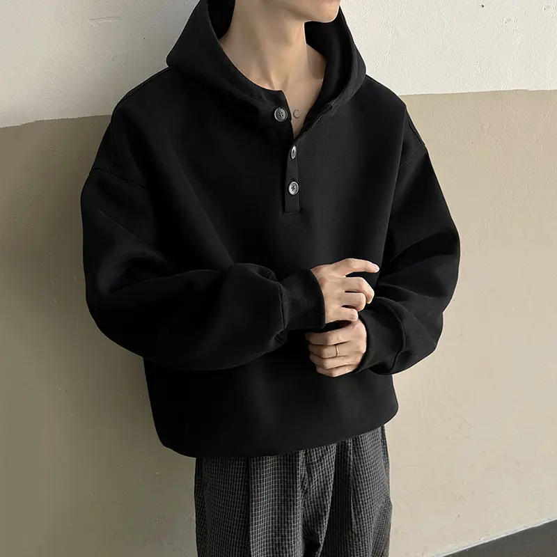 IEFB New Simple Men's Hooded Sweatshirt Solid Color Button Design Korean Style Pocket Autumn Loose Male Hoodies All-match 9W4306