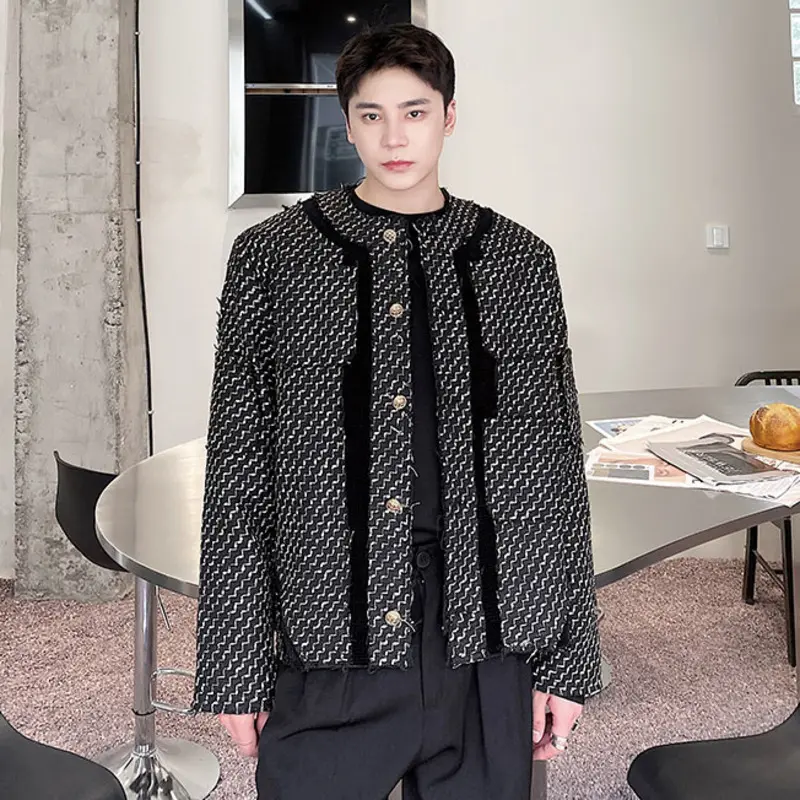 IEFB Niche Design Men's Short Coat Round Collar Patchwork Contrast Color Fashion Single Breasted Short Loose Male Jackets 9W4337