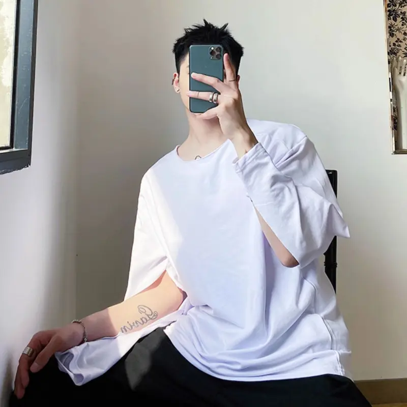 IEFB New Stylish Men's T-shirts Round Collar Long Sleeved Slit Niche Design Tops Solid Color Loose Male Pullover Tees 9W4335