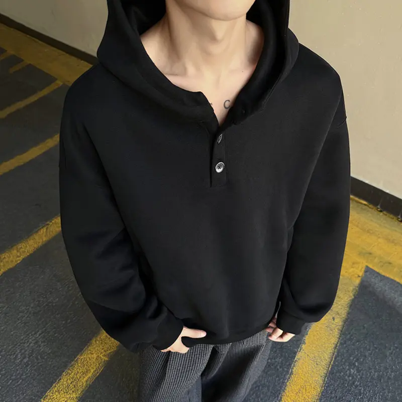 IEFB New Simple Men's Hooded Sweatshirt Solid Color Button Design Korean Style Pocket Autumn Loose Male Hoodies All-match 9W4306