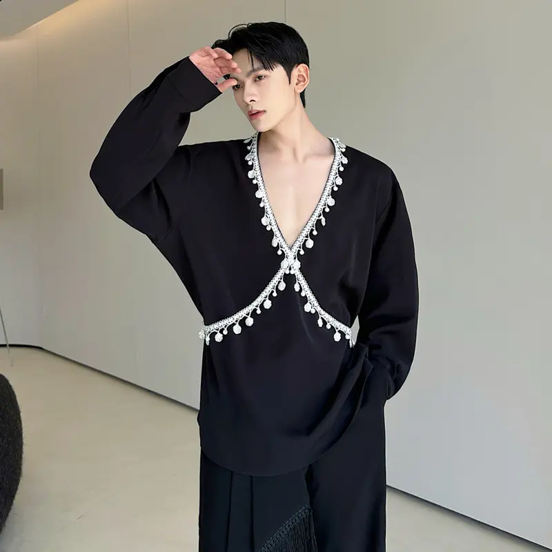 IEFB Niche Design Men's Shirts Lager V-neck Pearl Decoration Long Sleeved Contrast Color Loose Pullover Male Tops Trendy 9W4334