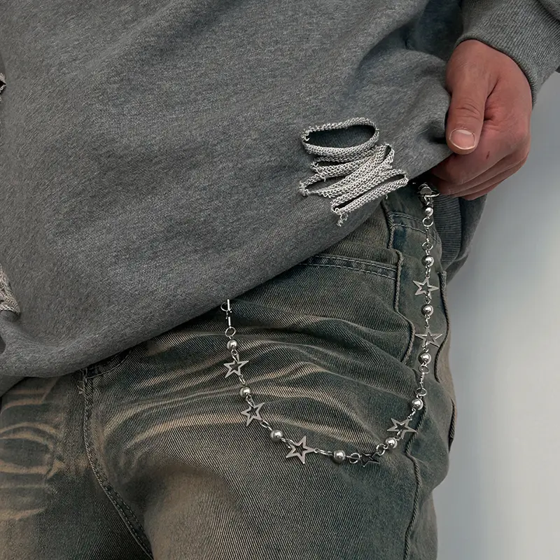 IEFB Hip Hop Accessories Five-pointed Star Round Bead Patchwork Belt Chain 2025 New Fashion Male Female Jeans Accessory 9X107