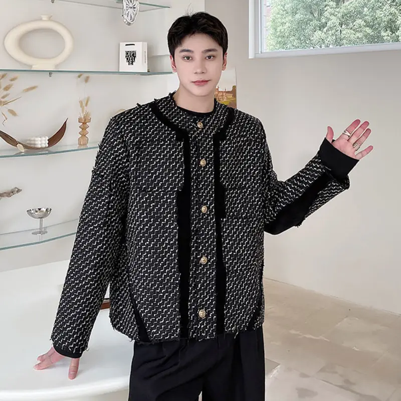 IEFB Niche Design Men's Short Coat Round Collar Patchwork Contrast Color Fashion Single Breasted Short Loose Male Jackets 9W4337