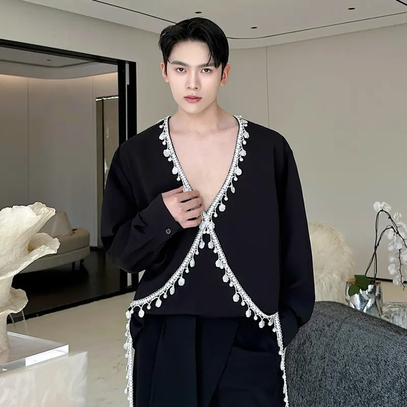 IEFB Niche Design Men's Shirts Lager V-neck Pearl Decoration Long Sleeved Contrast Color Loose Pullover Male Tops Trendy 9W4334