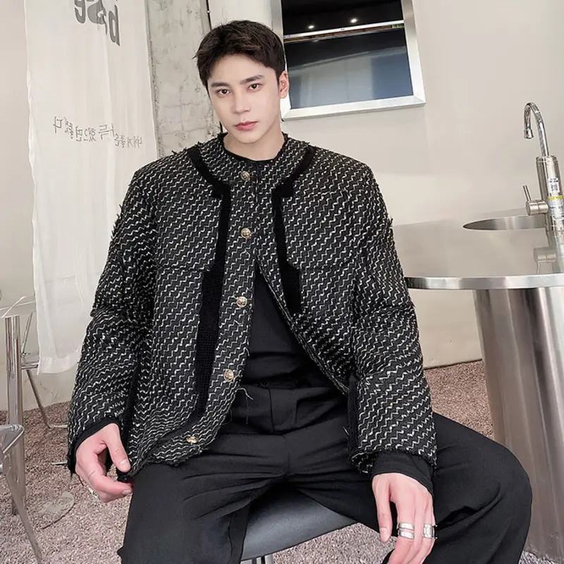 IEFB Niche Design Men's Short Coat Round Collar Patchwork Contrast Color Fashion Single Breasted Short Loose Male Jackets 9W4337