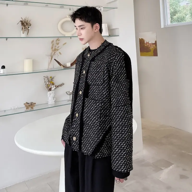 IEFB Niche Design Men's Short Coat Round Collar Patchwork Contrast Color Fashion Single Breasted Short Loose Male Jackets 9W4337