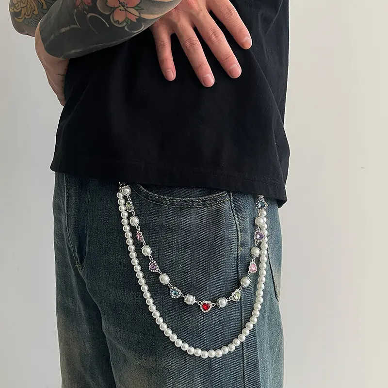 IEFB Hip Hop Pearl Flower Jeans Chain Male Female Waist Chains Double Belt Laps Clothing Accessories Rock 2025 New Trend 9X103