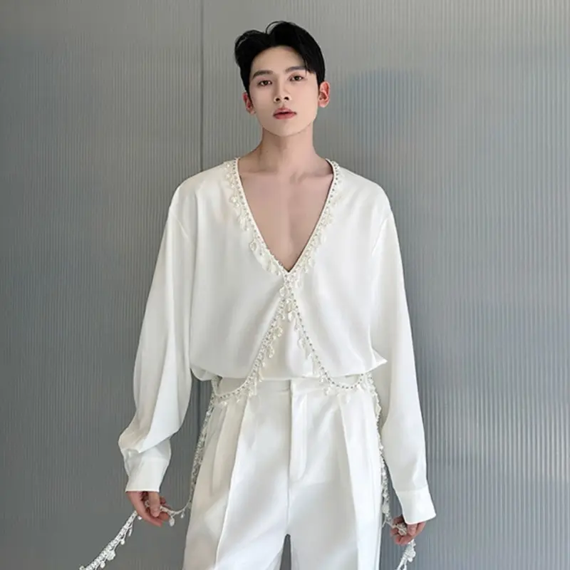 IEFB Niche Design Men's Shirts Lager V-neck Pearl Decoration Long Sleeved Contrast Color Loose Pullover Male Tops Trendy 9W4334
