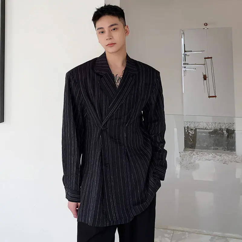 IEFB Korean Style Men's Shirts Lapel Striped Design Solid Color All-match Tops Long Sleeved Single Breasted Male Clothing 9W4339