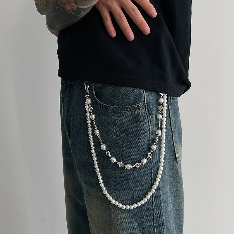 IEFB Hip Hop Pearl Flower Jeans Chain Male Female Waist Chains Double Belt Laps Clothing Accessories Rock 2025 New Trend 9X103