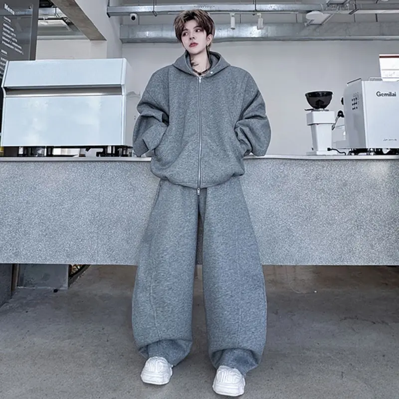 IEFB Autumn Men's Two-piece Hooded Zipper Big Pocket Rivets Solid Color Hoodies Korean Style Loose Straight Sweatpants 9W4346