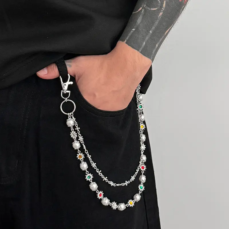 IEFB Hip Hop Pearl Flower Jeans Chain Male Female Waist Chains Double Belt Laps Clothing Accessories Rock 2025 New Trend 9X103