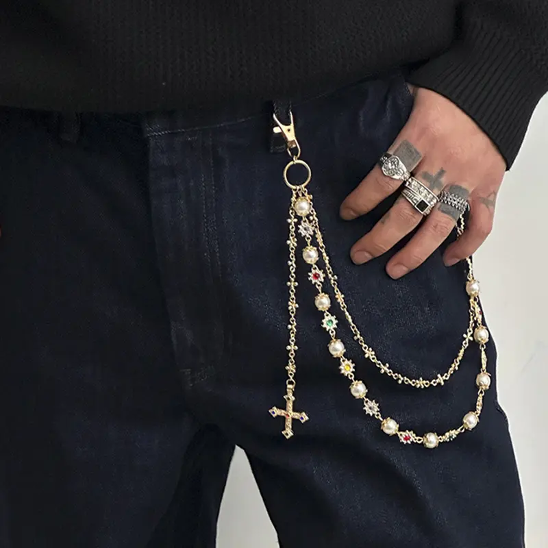 IEFB Hip Hop Pearl Flower Jeans Chain Male Female Waist Chains Double Belt Laps Clothing Accessories Rock 2025 New Trend 9X103