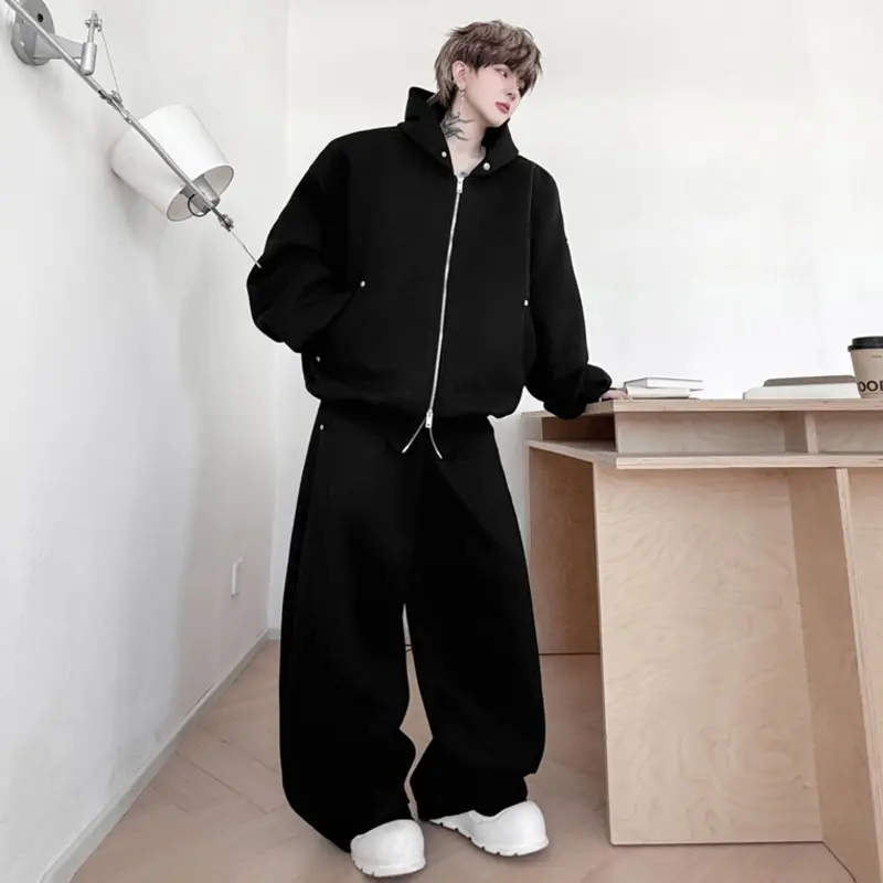IEFB Autumn Men's Two-piece Hooded Zipper Big Pocket Rivets Solid Color Hoodies Korean Style Loose Straight Sweatpants 9W4346
