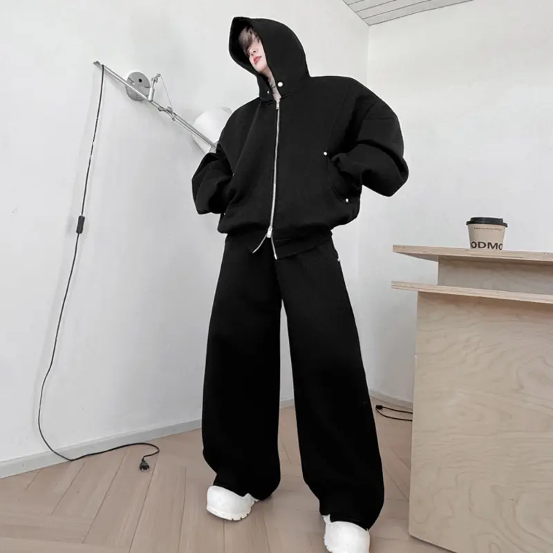 IEFB Autumn Men's Two-piece Hooded Zipper Big Pocket Rivets Solid Color Hoodies Korean Style Loose Straight Sweatpants 9W4346