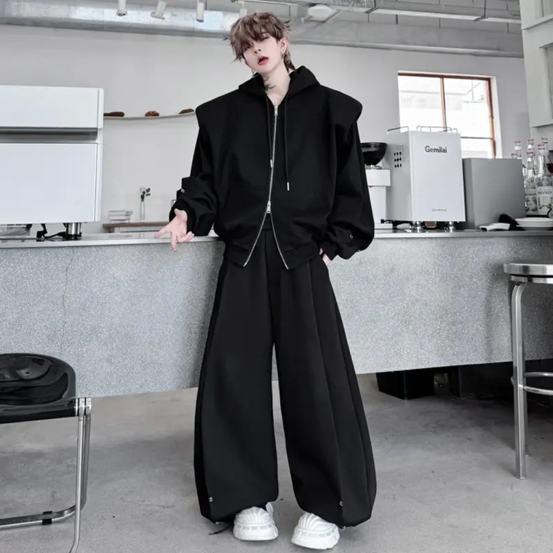 IEFB Korean Style Men's Two-piece Solid Color Hooded Zipper Silhouette Sweatshirt Pleated Design Straight Male Sweatpants 9W4344