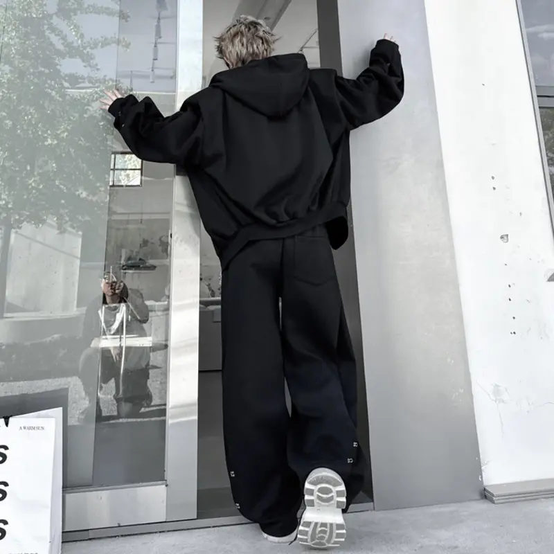 IEFB Korean Style Men's Two-piece Solid Color Hooded Zipper Silhouette Sweatshirt Pleated Design Straight Male Sweatpants 9W4344