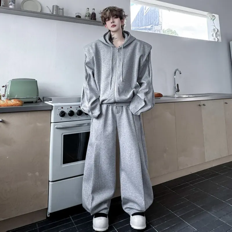 IEFB Korean Style Men's Two-piece Solid Color Hooded Zipper Silhouette Sweatshirt Pleated Design Straight Male Sweatpants 9W4344