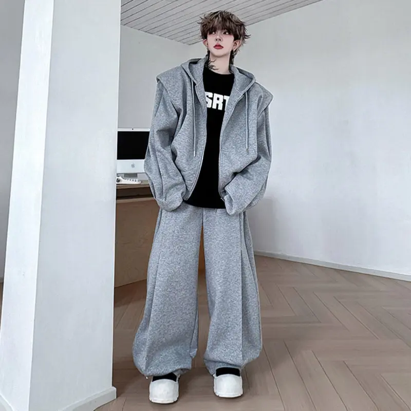 IEFB Korean Style Men's Two-piece Solid Color Hooded Zipper Silhouette Sweatshirt Pleated Design Straight Male Sweatpants 9W4344