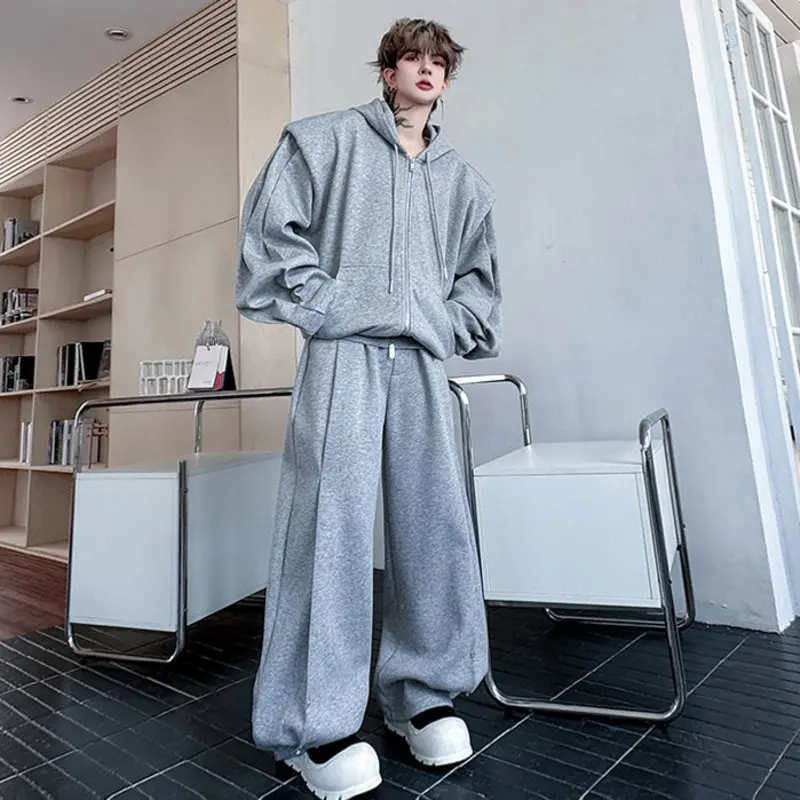 IEFB Korean Style Men's Two-piece Solid Color Hooded Zipper Silhouette Sweatshirt Pleated Design Straight Male Sweatpants 9W4344