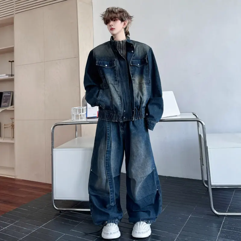 IEFB Niche Design Men's Denim Sets Stand Collar Patchwork Contrast Color Pocket Jackets Belt Wide Leg Pleated Male Jeans 9W4343
