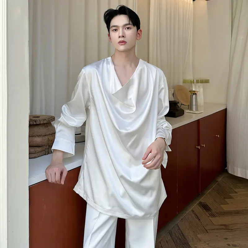 IEFB New Fashion Men's Shirts Cowlneck Solid Color Detachable Pearl Chain Long Sleeved Loose Pullover Silhouette Male Top 9W4332