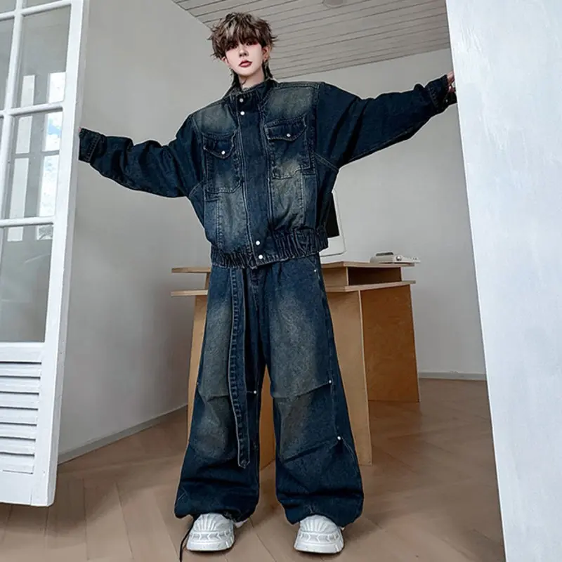 IEFB Niche Design Men's Denim Sets Stand Collar Patchwork Contrast Color Pocket Jackets Belt Wide Leg Pleated Male Jeans 9W4343