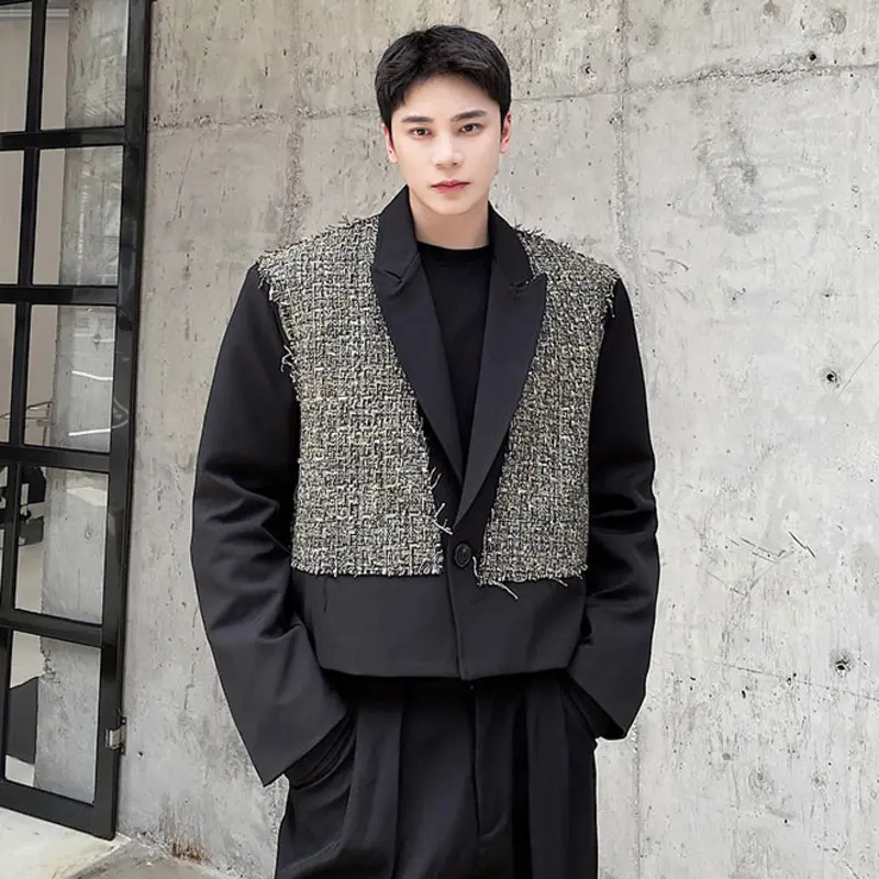 IEFB Korean Style Men's Jackets Lapel Patchwork Contrast Color Tide Menswear Loose Single Button Male Short Coats Autumn 9W4336